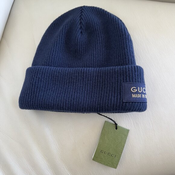New Authentic Gucci Knit Wool Hat Beanie With Patch Navy Blue Size L Large - Picture 5 of 6